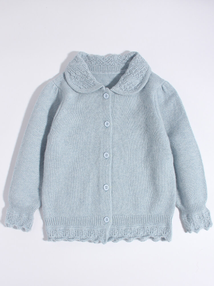 Girls Peter Pan Collar Light Blue Cashmere Lace-Trim Cardigan